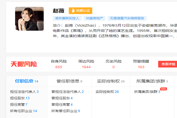 有多少企业与赵薇相关？任职14家企业！