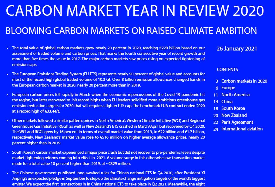 2020年碳市场回顾：全球碳市场总值增长了19%