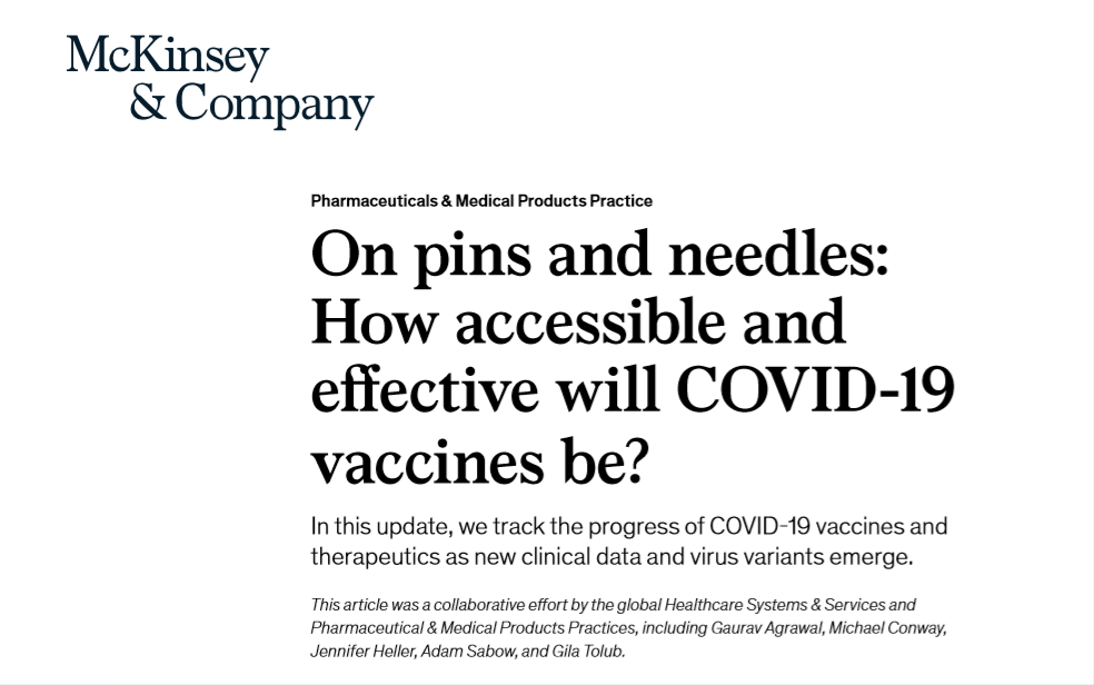 麦肯锡发布美国新冠肺炎疫苗和疗法报告：预计2021年约有5亿剂强生、摩德纳和辉瑞疫苗