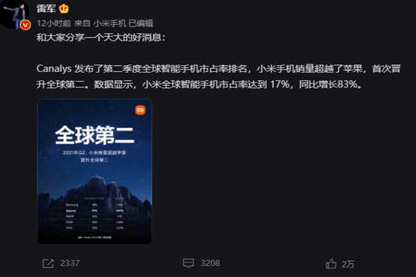 小米手机销量超苹果跻身全球第二！市占率达17%！