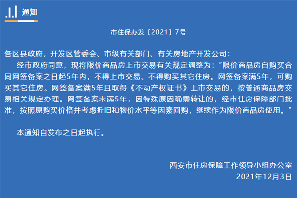 西安限价商品房买卖最新政策：网签备案5年内不得上市交易