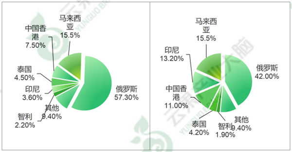 2020年中国猕猴桃主要出口地区数量及金额占比 2020年中国猕猴桃主要出口地区数量及金额占比