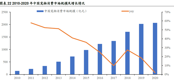 2010-2020 年中国宠物消费市场规模及增长情况