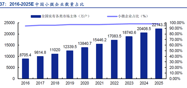 2016-2025E 中国小微企业数量占比