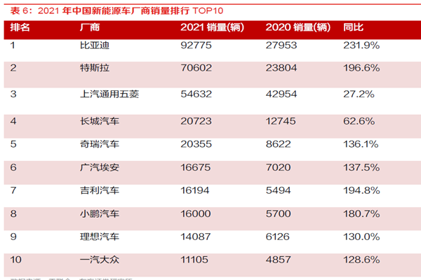 2021 年中国新能源车厂商销量排行TOP10