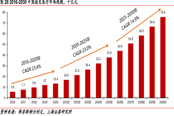 2016-2030中国植发医疗市场规模，十亿元