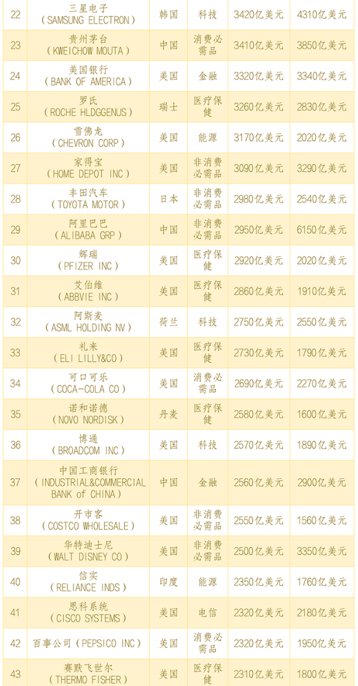 全球市值100强上市公司